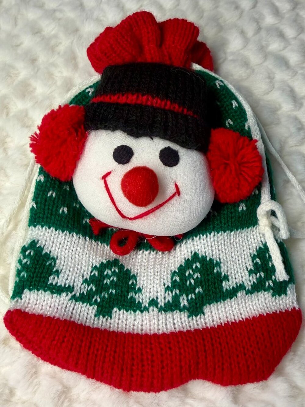 Snowman Knit Drawstring Holiday Gift Sack